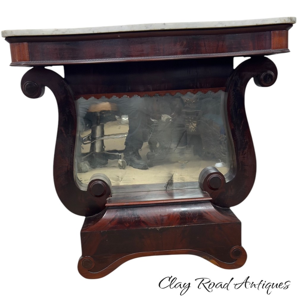 antique empire marble top pier table mirror mahogany classical 1830 scrolls