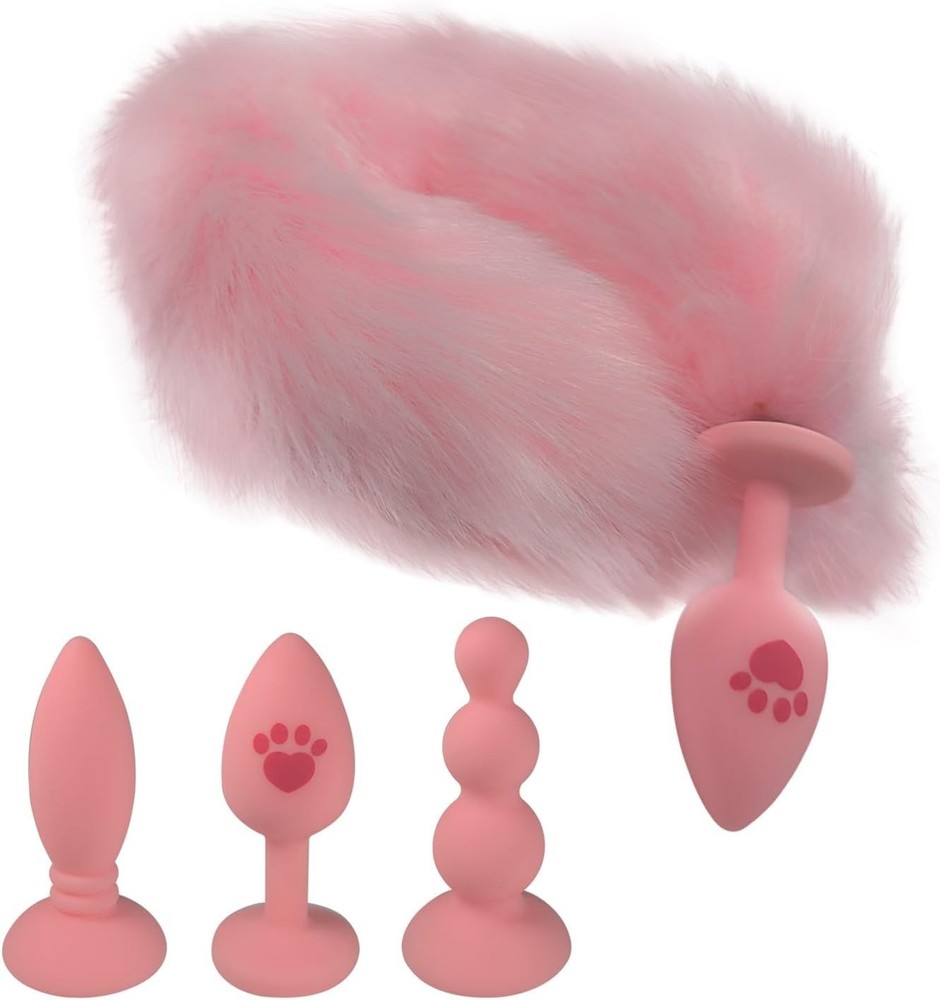 Pink Silicone Anal Tail with Three Interchangeable Butt Plugs for Beginners