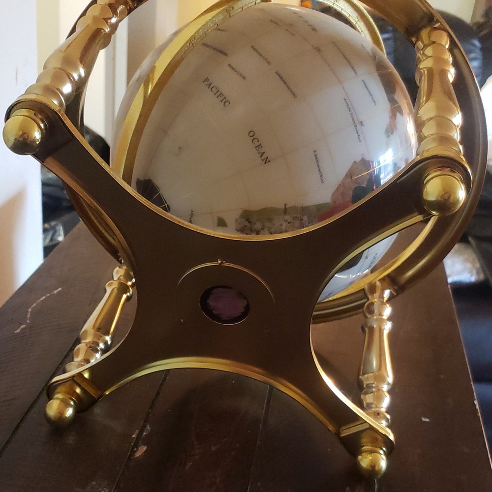 Gemstone Multicolor Tabletop Globe with Gold Metal Base, Rotating Decorative