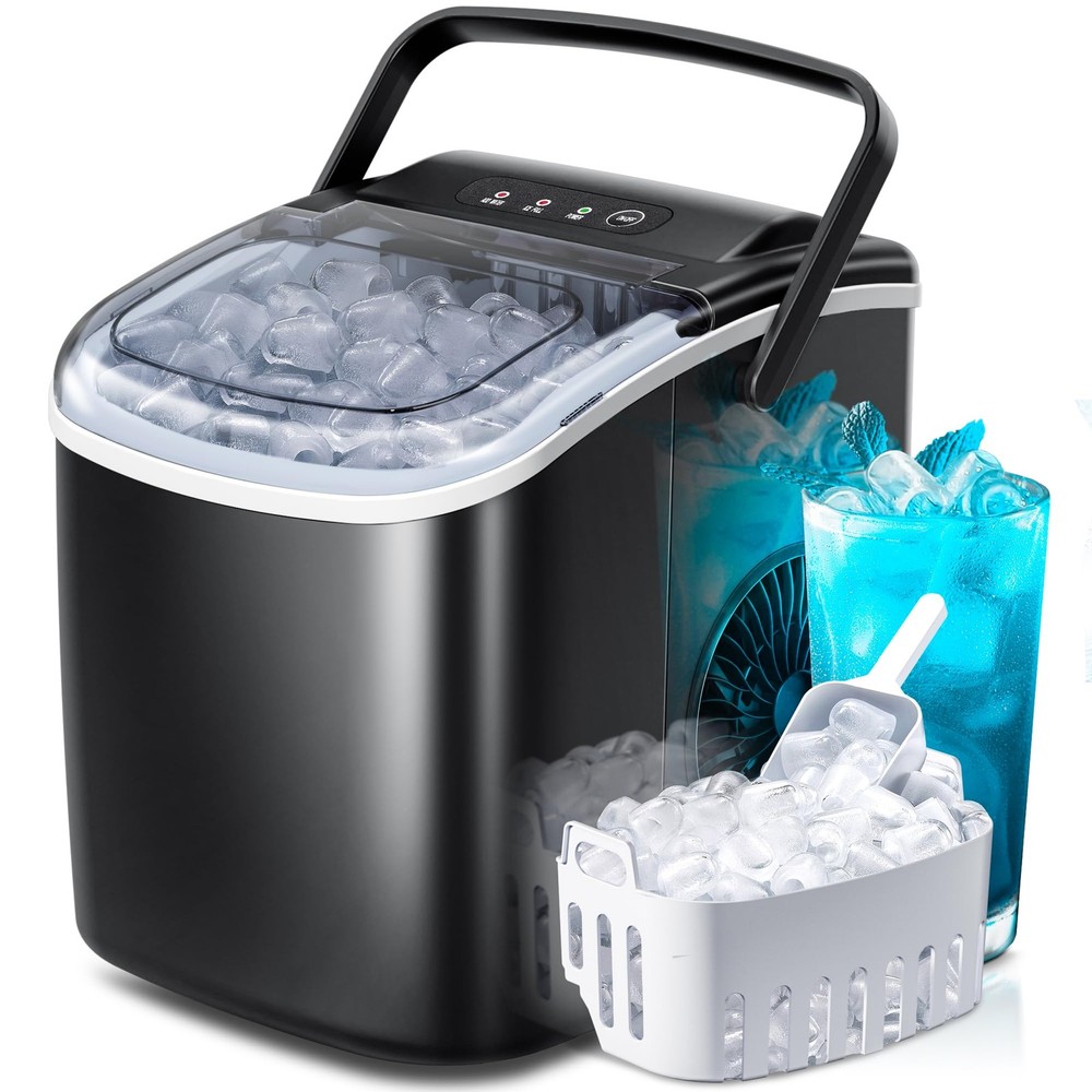 Portable Countertop Ice Maker Machine with Handle, 9 BulletShaped Ice Cubes R...