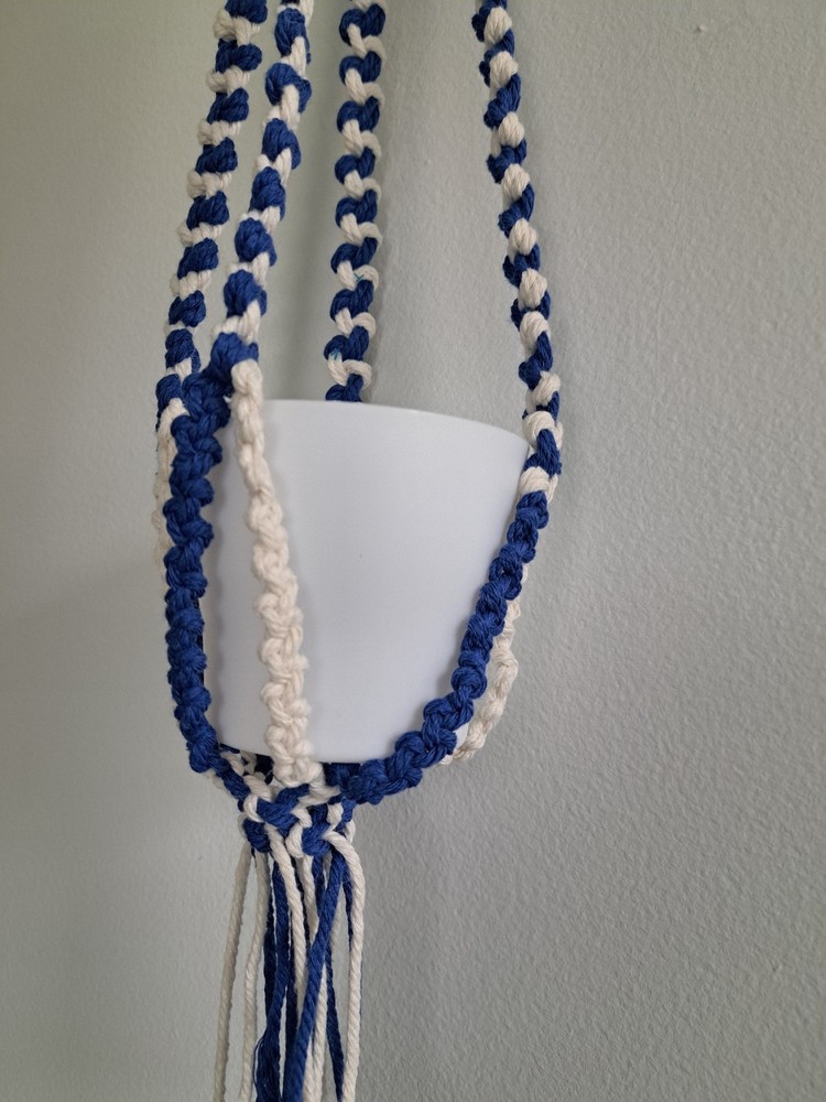 Macrame Plant Hanger, Blue, Beige, 27" Long, Handmade