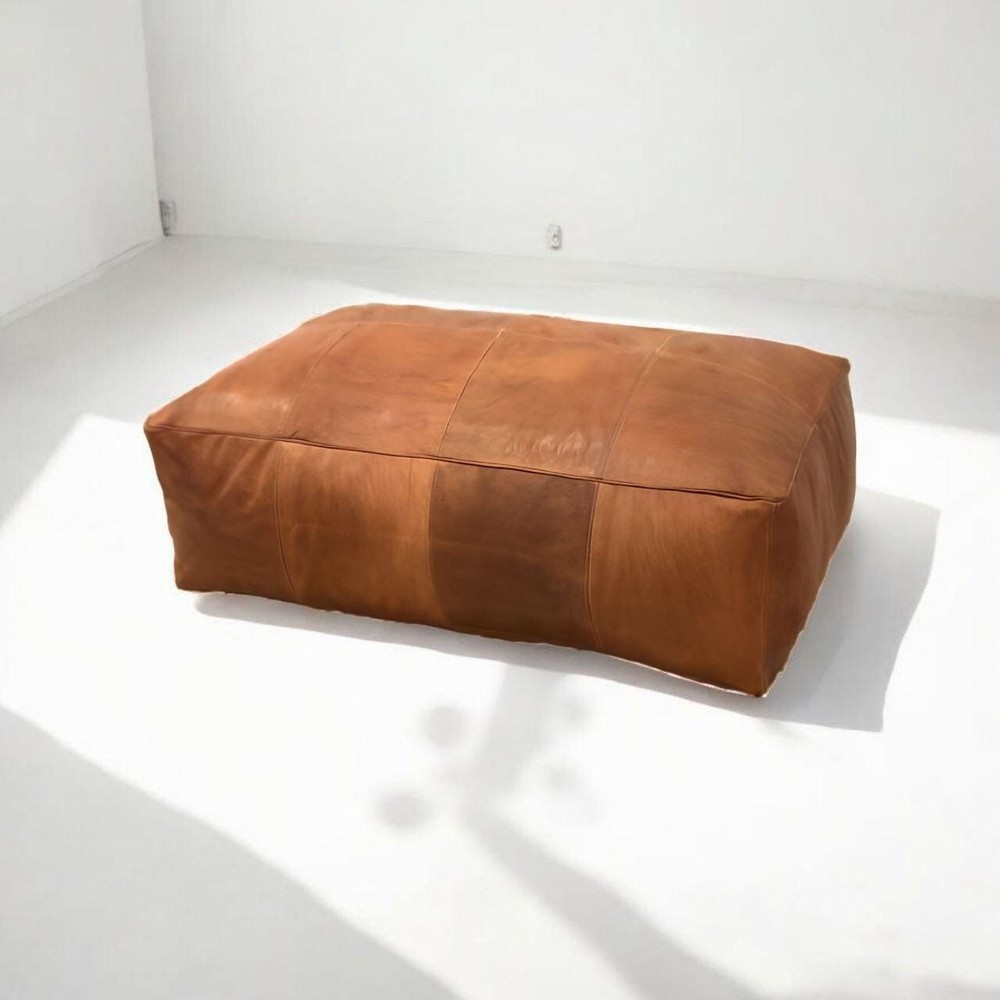 Rectangular Brown Leather Ottoman - Handmade Moroccan Pouf Footstool