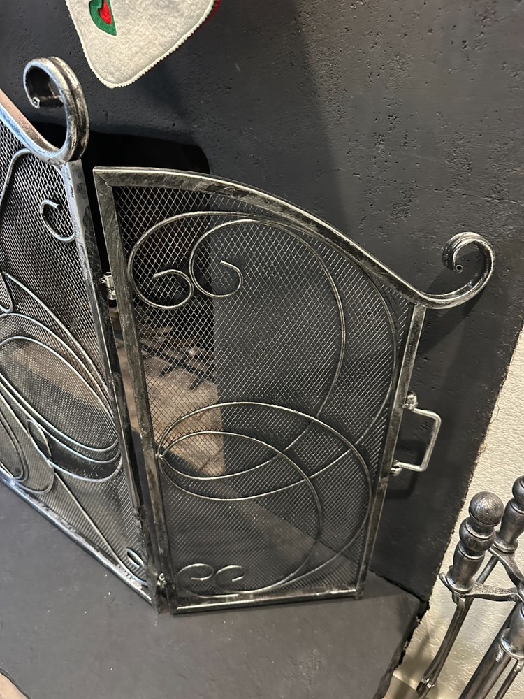 3-Panel 55x33 Solid Wrought Iron See-Through Metal Fireplace Screen (Pewter)