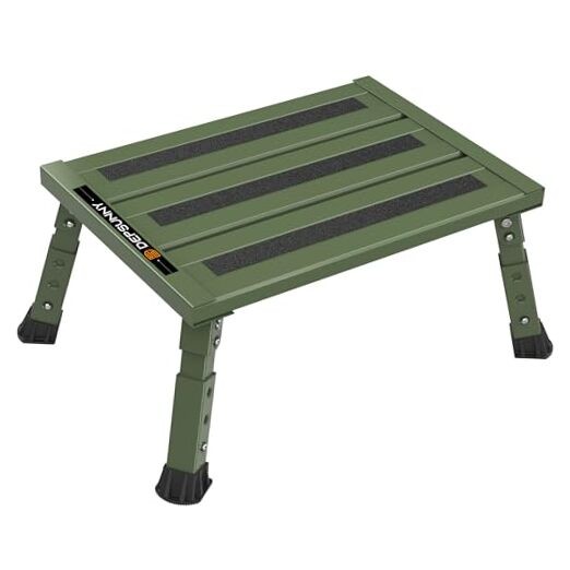 Adjustable RV Step Stool, 3-Step Height Adjustment, Foldable Legs, Army Green