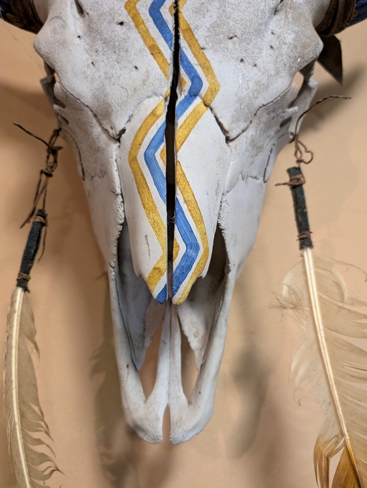 Native Hand Painted Buffalo Skull Blue And Yellow, Thunderbolts, Hung By Hyde