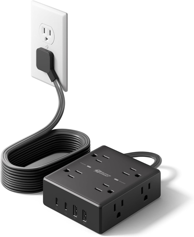 10Ft Extension Cord with Multiple Outlets, Flat Plug Surge Protector Power Strip