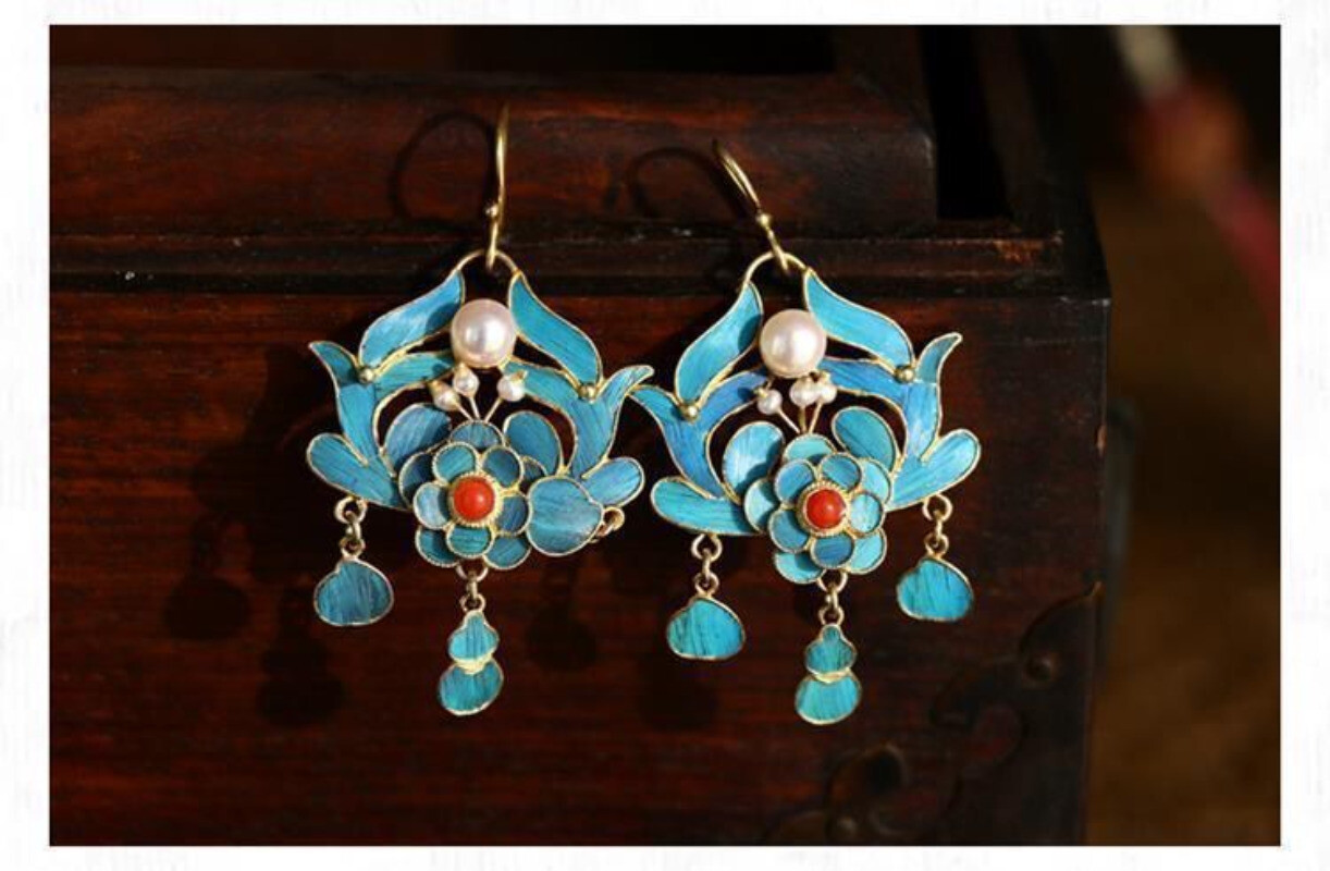 Chinese Antique Earrings Cloisonne Earrings Long Tassels Gilt Pearls Jewels