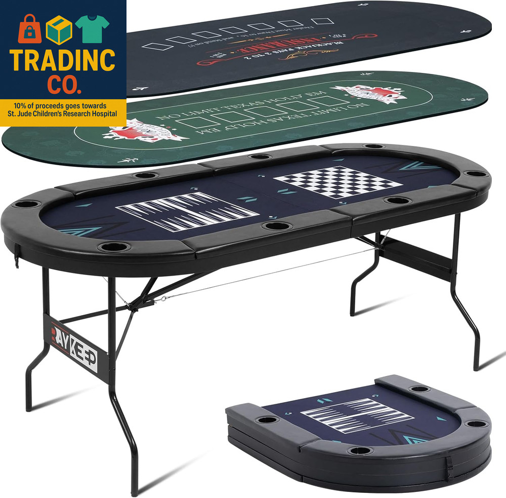 4-In-1 Poker Table Foldable, 8 Player Folding Poker Table W/Interchangeable Texa