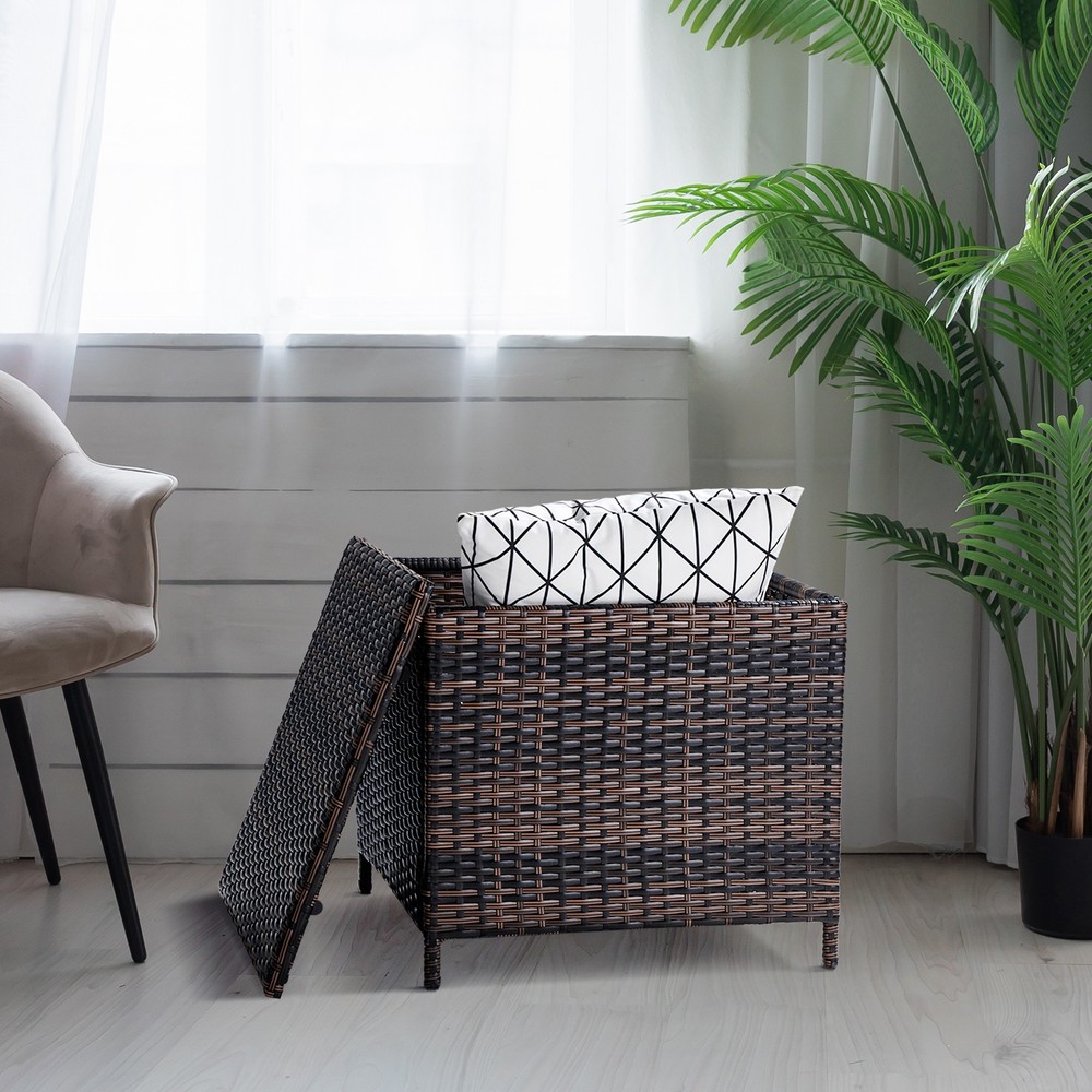 PE Wicker Side Table with Storage, Patio Rattan End Table Square Container