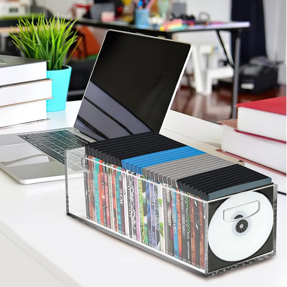 2 Pack Acrylic DVD/CD Storage Box, Clear DVD Holder Case with Handles, Stackable