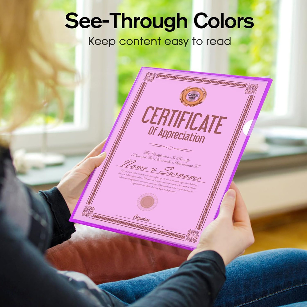 Clear Plastic Folders Sleeves 12 Pack, 6 Assorted Colors, Documents Project Pock