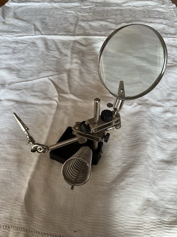 Vintage Adjustable Bench Tool Magnifier Clips Cast Iron Base