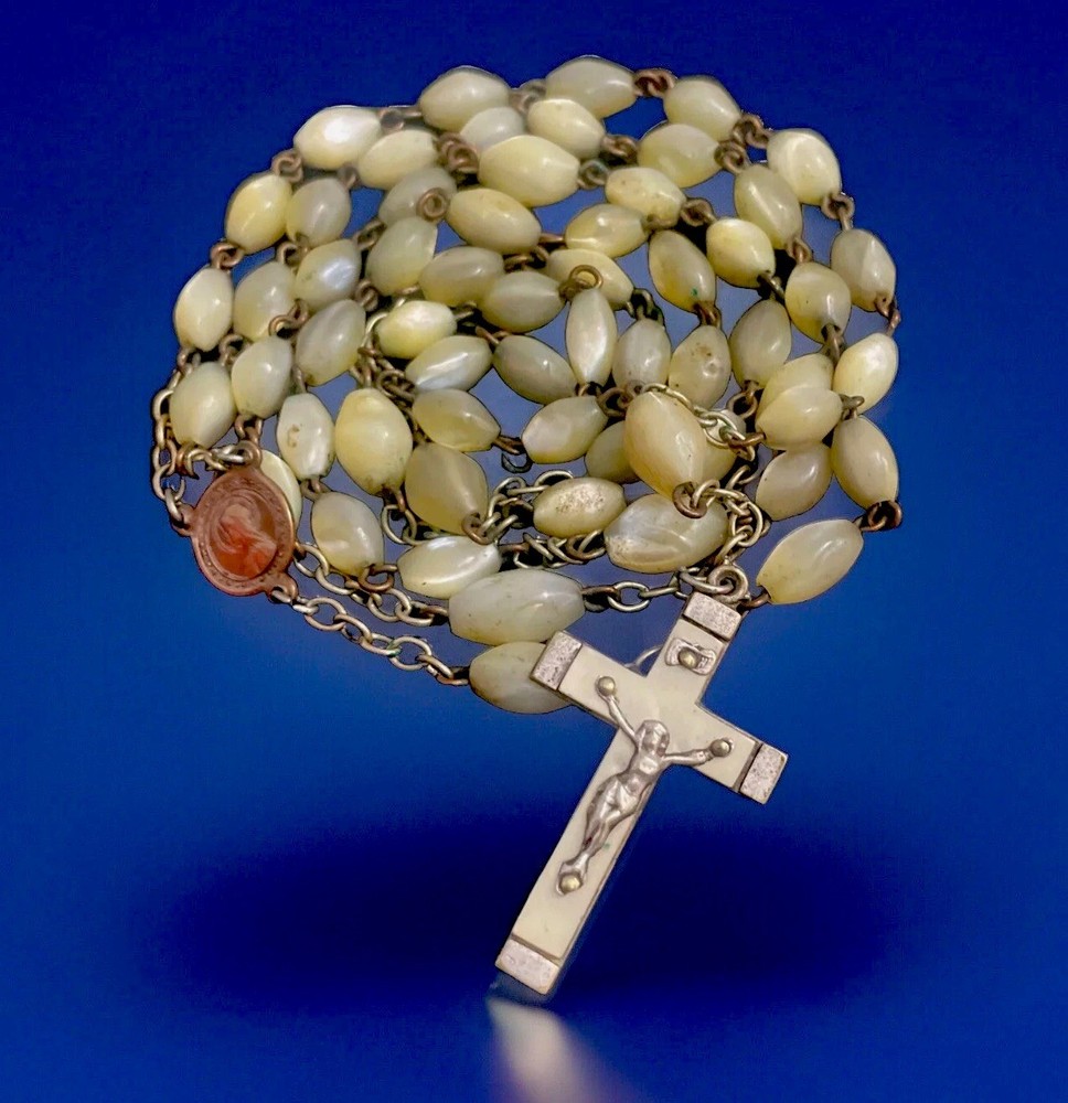 Vintage Catholic Genuine Mother Of Pearl MOP Rosary Laminated Crucifix