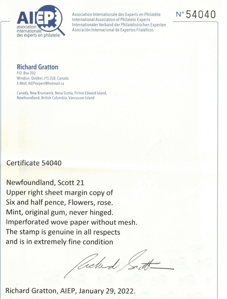Newfoundland #21 Extra Fine Never Hinged Margin Copy **With Certificate**