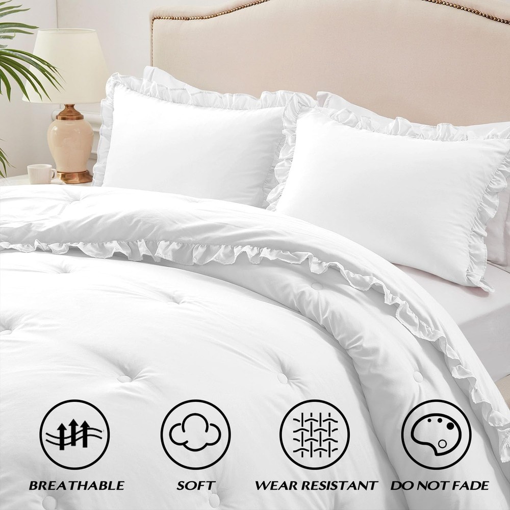 HARBOREST Queen Comforter Set White - Ruffle for Queen,