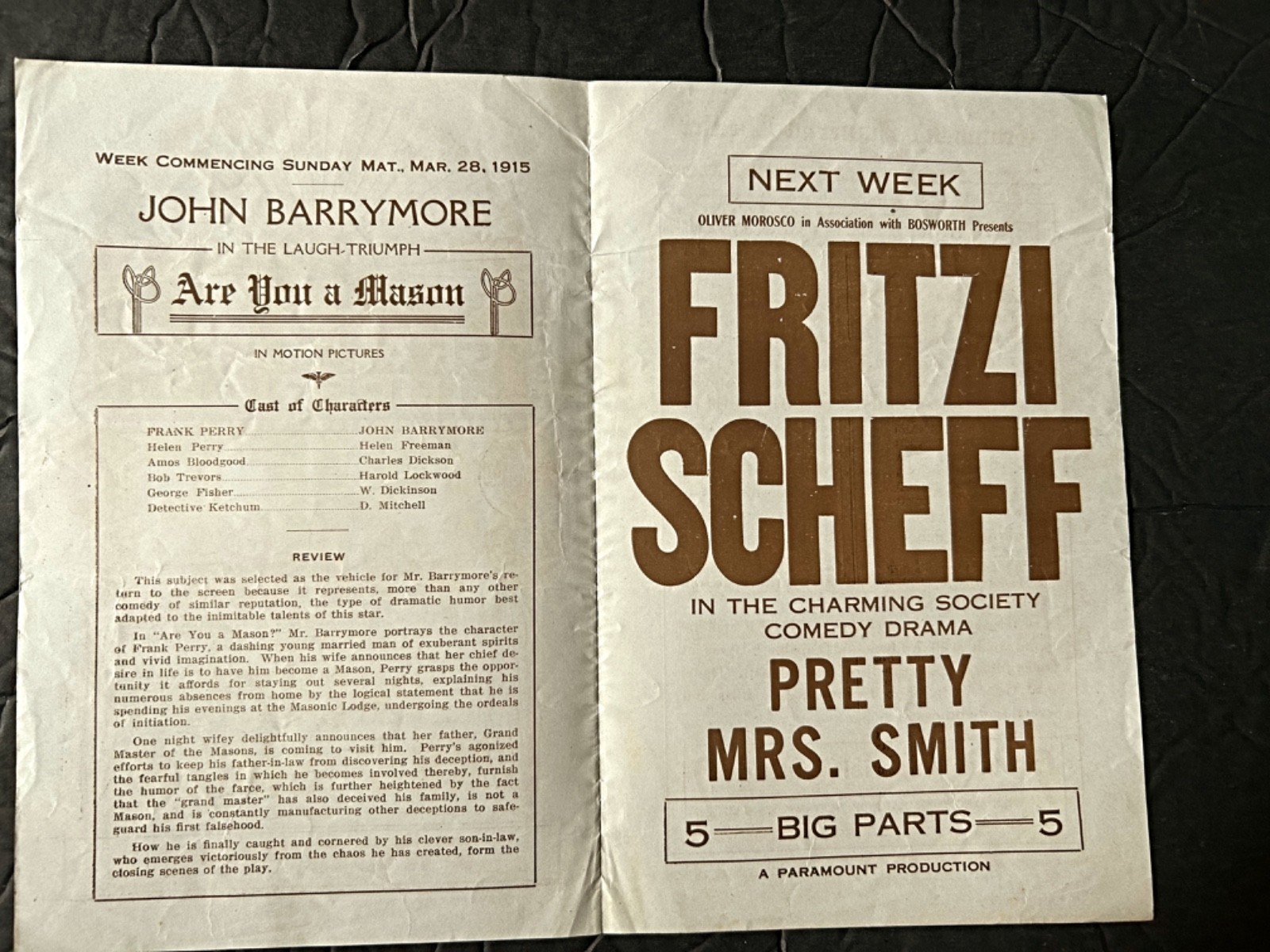 1915 Movie Herald Graumans Imperial San Francisco Barrymore Are You A Mason?