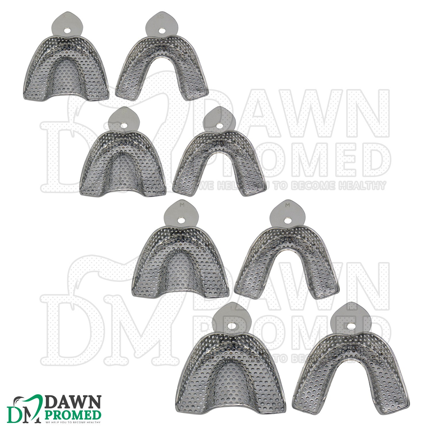 8 Pcs Perforated Metal Dental Impression Trays set Upper & Lower Inst German Gr