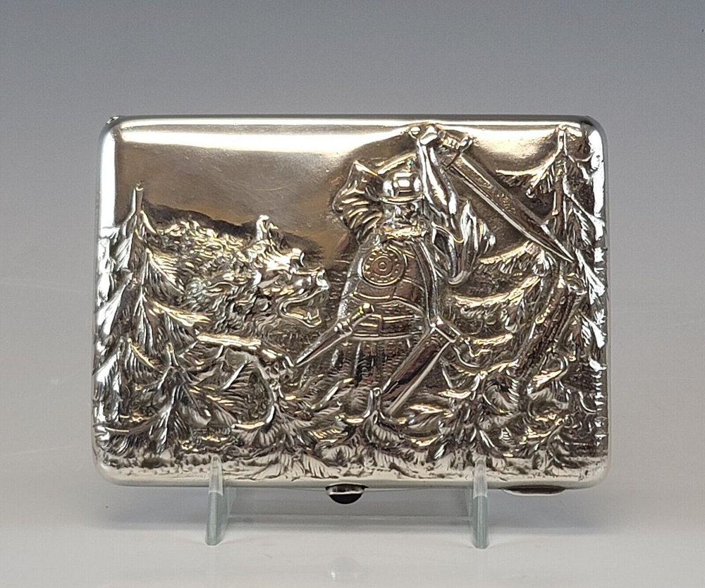 Rare Large Antique Russian Silver Cigarette Case Bogatyr