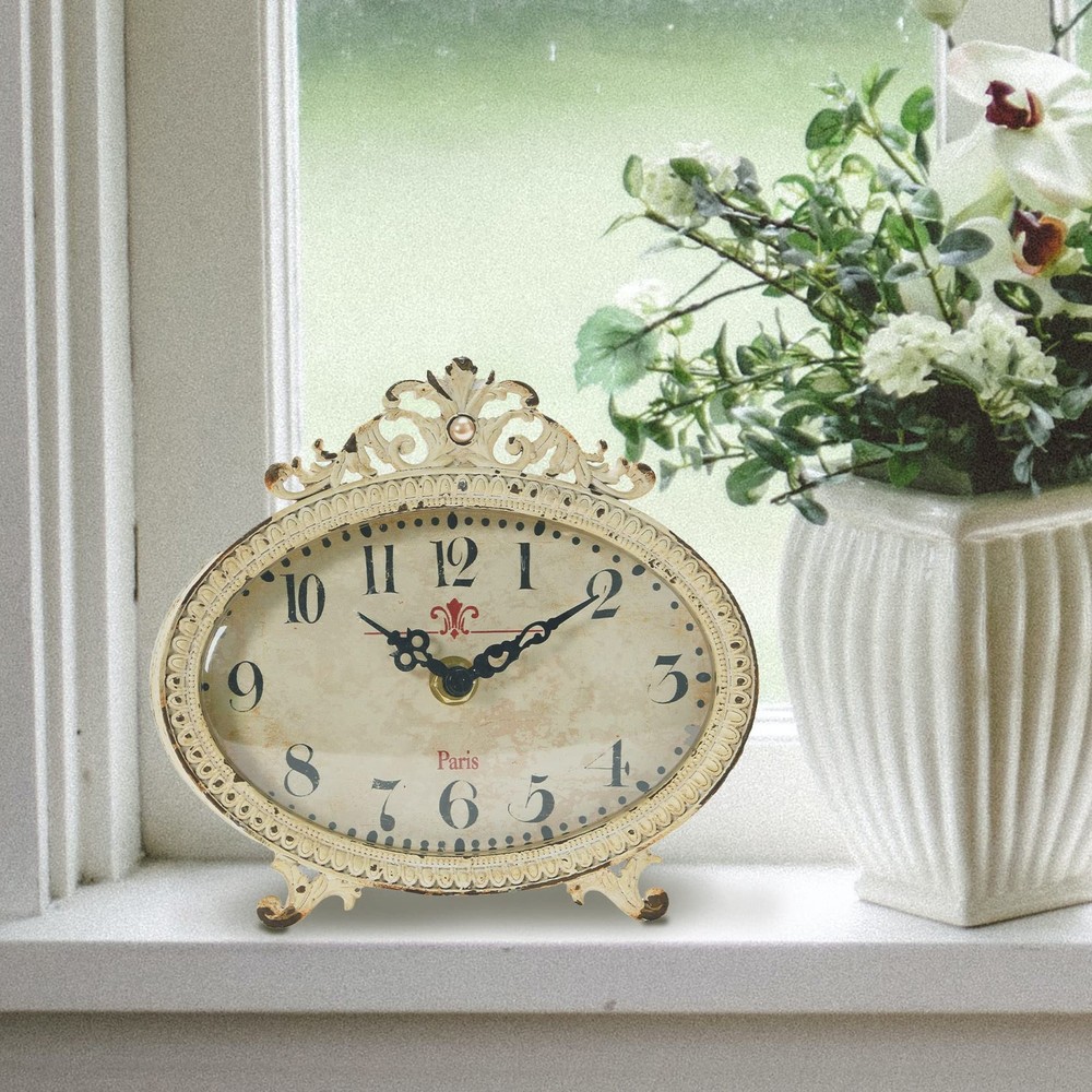 Distressed Pewter Mantel Clock, Cream