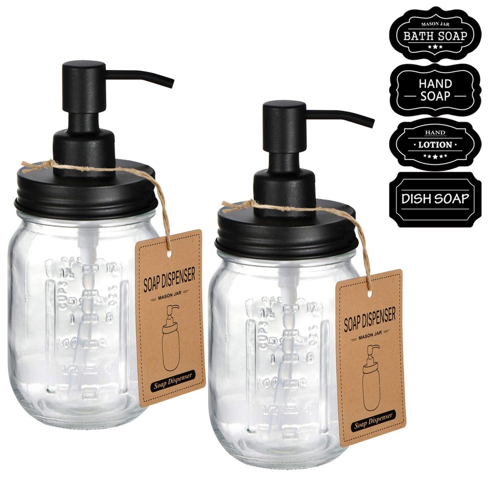 Amolliar Mason Jar Liquid Soap Dispenser -Rustproof Stainless 2 Pack, Black