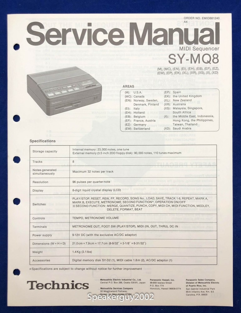 Original Technics MIDI Sequencer Service Manual / SY-MQ8