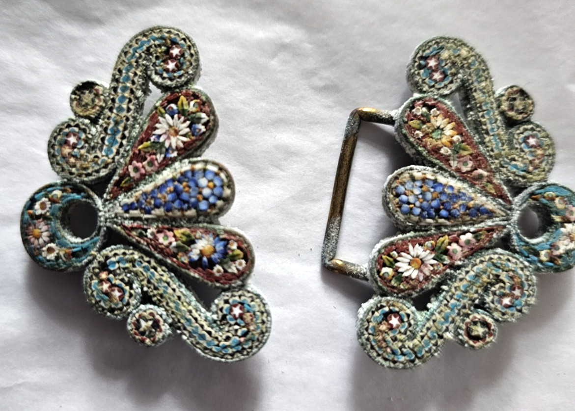 Antique Italian MICRO MOSAIC Brass 2-Piece BELT -Sash BUCKLE-Brought from Italy