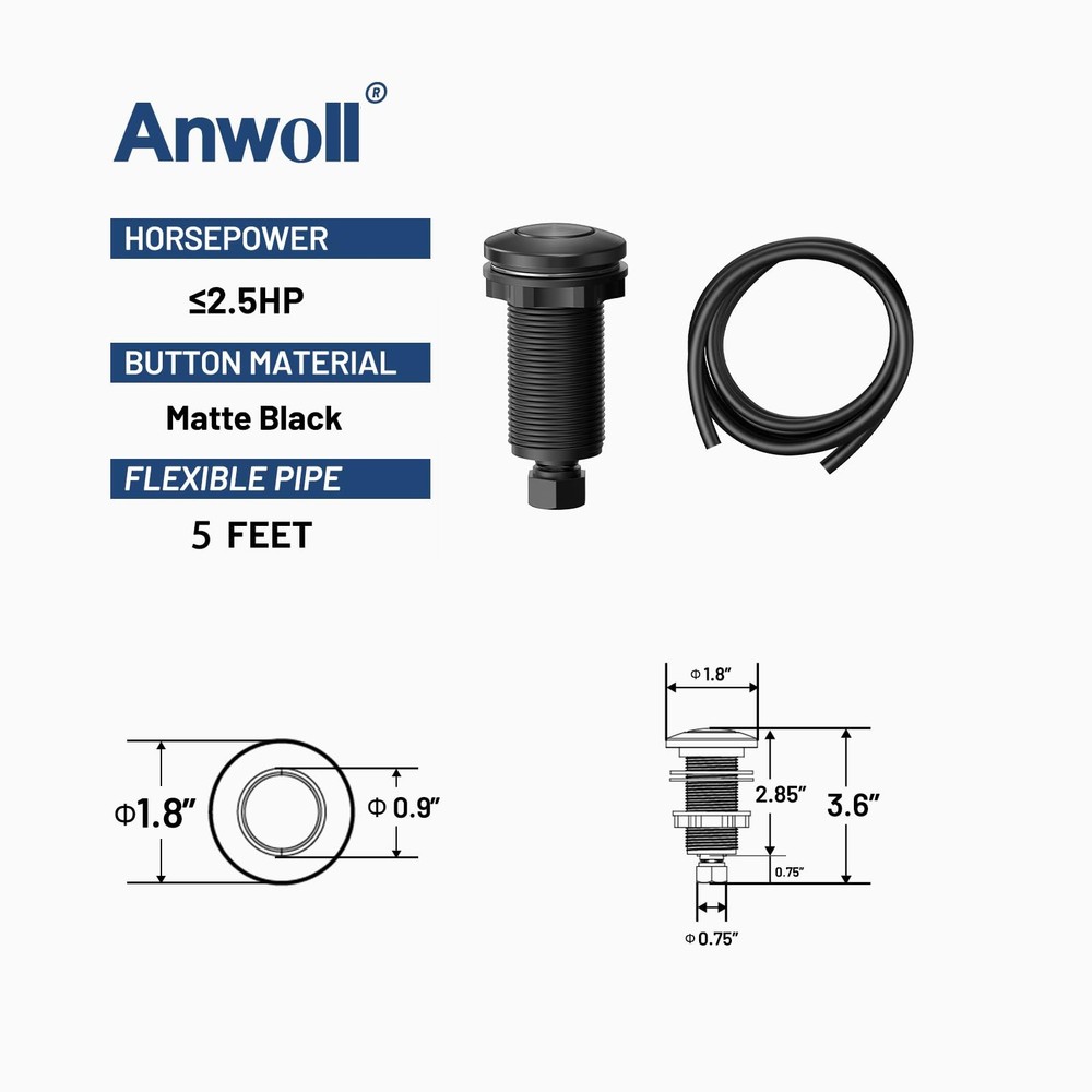Air Activated Sinktop Switch Push Button for Garbage Disposal, Matte Black with