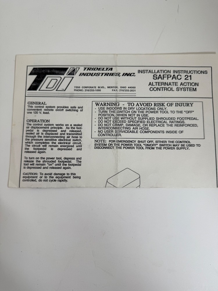 Tridelta Industries Instructions for Control System MODEL SAFPAC 21