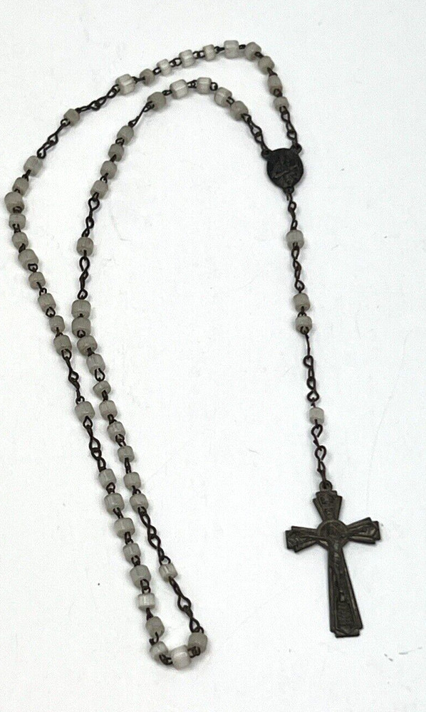 Vintage Rosary Pearlized White Glass Bead Links 13" Catholic Christian
