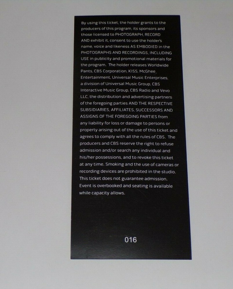 KISS Full Ticket Stub David Letterman TV Concert 2012 Tour New York City