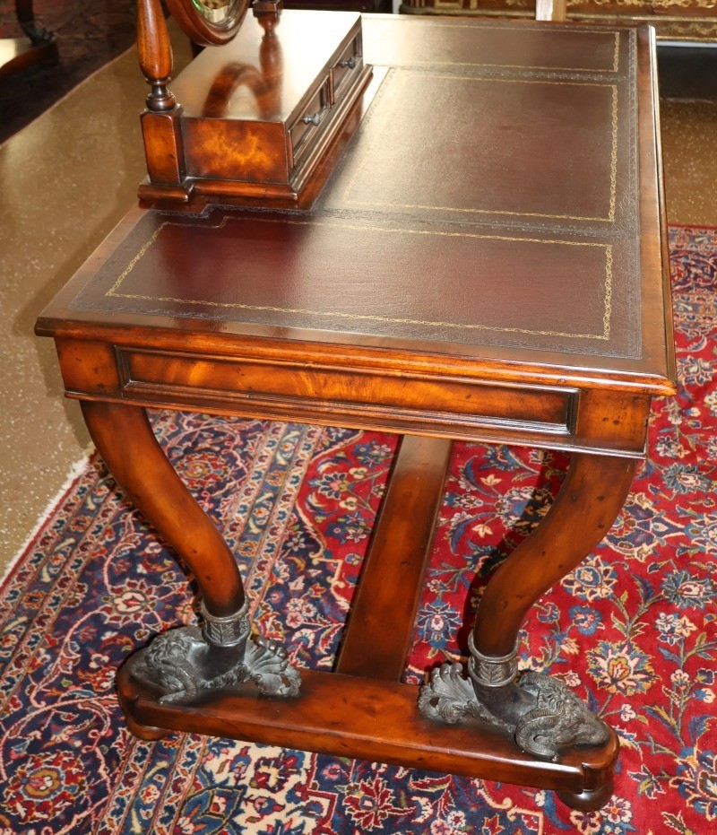 Theodore Alexander Mahogany Leather Tooled Rams Head Vanity Dressing Table