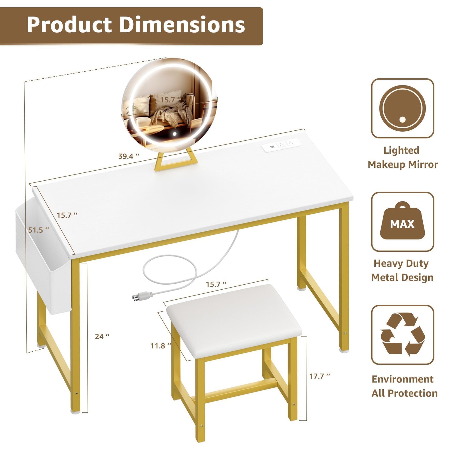 40" Tocador Blanco Dorado Mesa De Maquillaje Con Silla Espejo y Luces Para Mujer