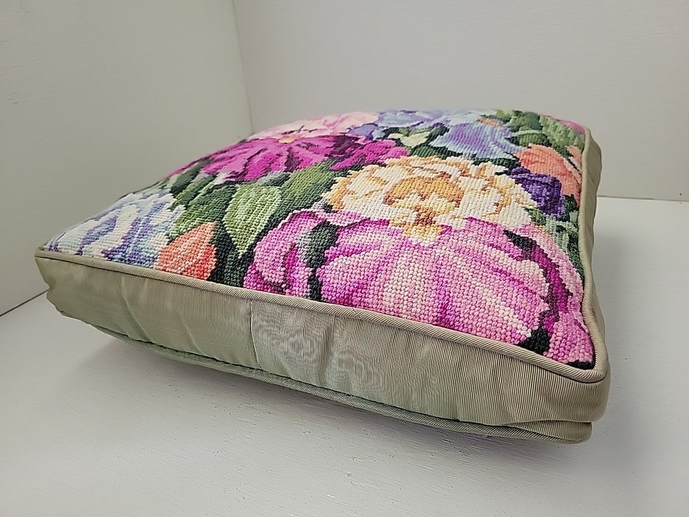 Vintage Needlepoint Pillow Iris Green Square