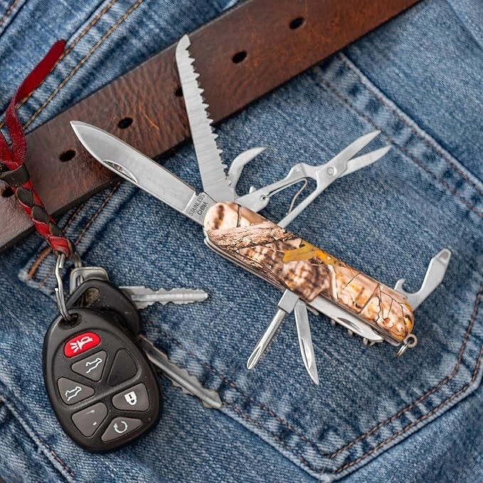 MAXAM, 16-Function Knife with Leymar Handle, Stainless Steel Multi Tool - Camo