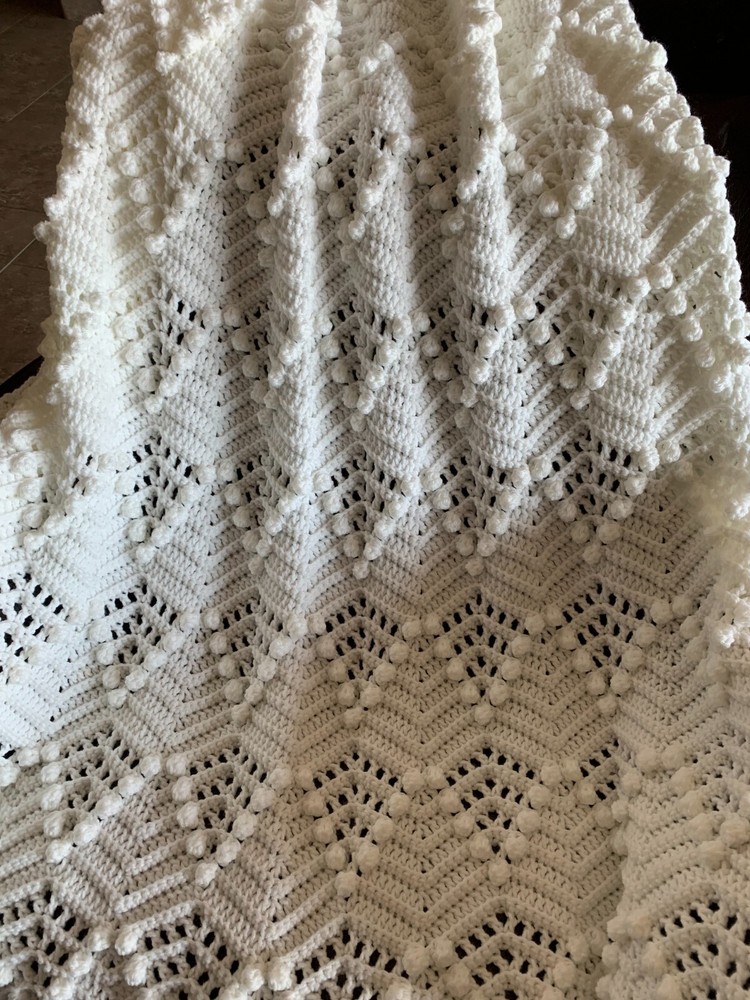 Handmade Home Crocheted Afghan - Bobble Ripple (Soft White)