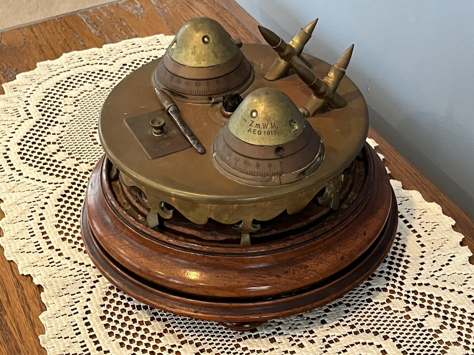 Antique WWI German Trench Art Desk Set Artillery Shell Fuse Ink Wells/Pen Holder