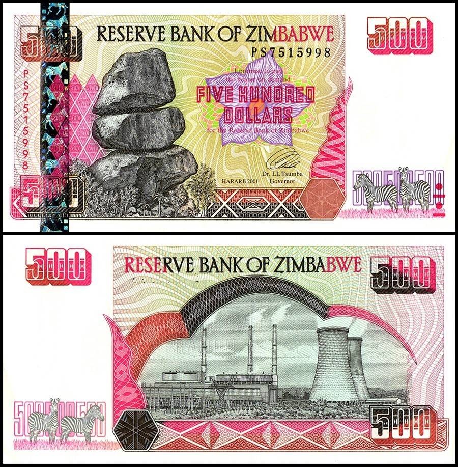 Zimbabwe 500 Dollars, 2001, P-10, UNC