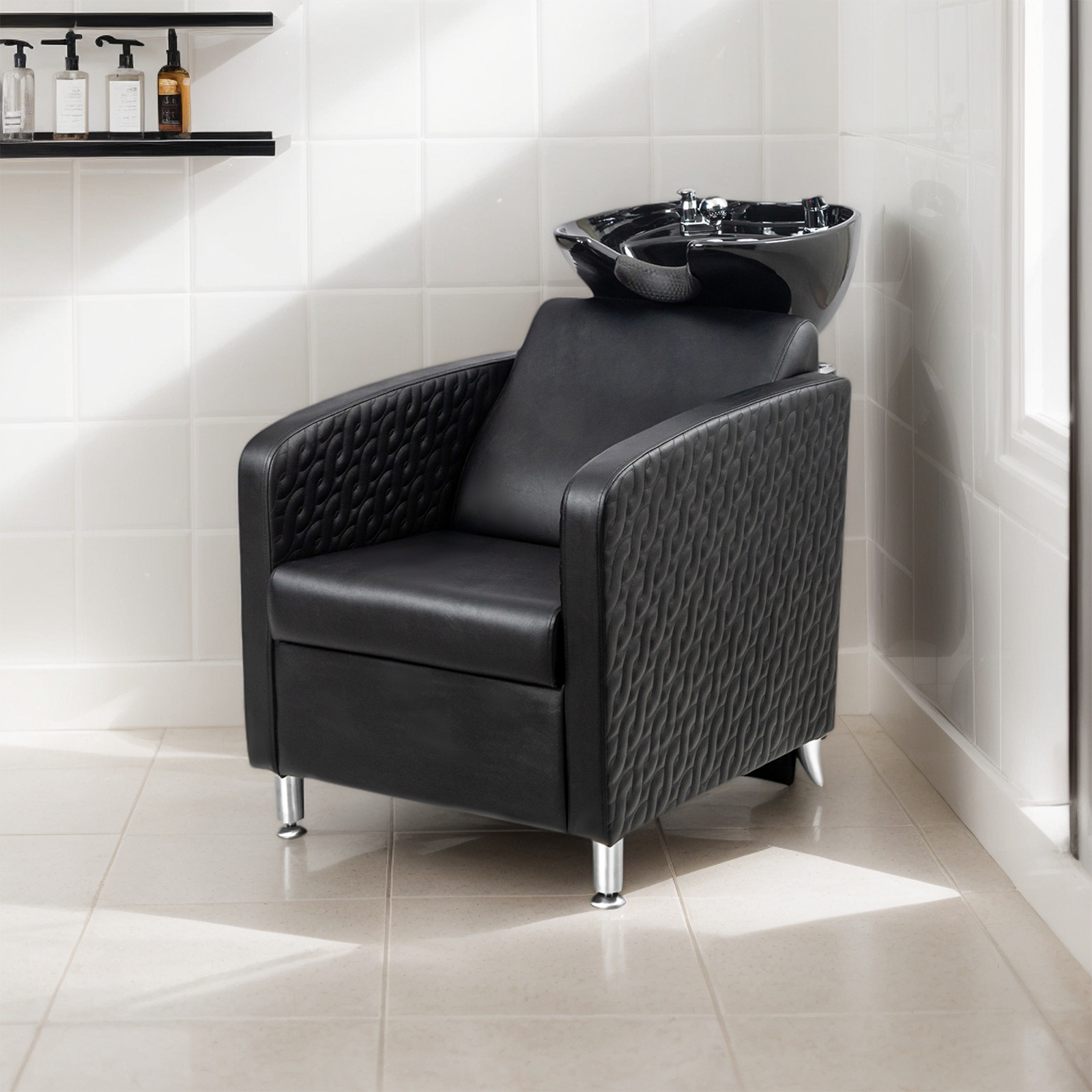 Professional Salon Shampoo Chair and Bowl Set - Extra Wide Seat, Porcelain Sink