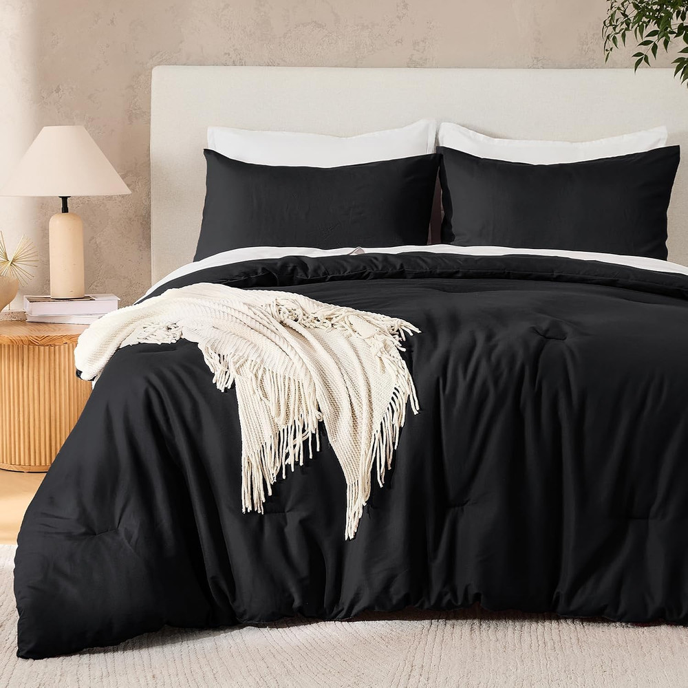Black Full Size Comforter Set, 3 Pieces Fluffy Solid Bedding Comforters & Sets,