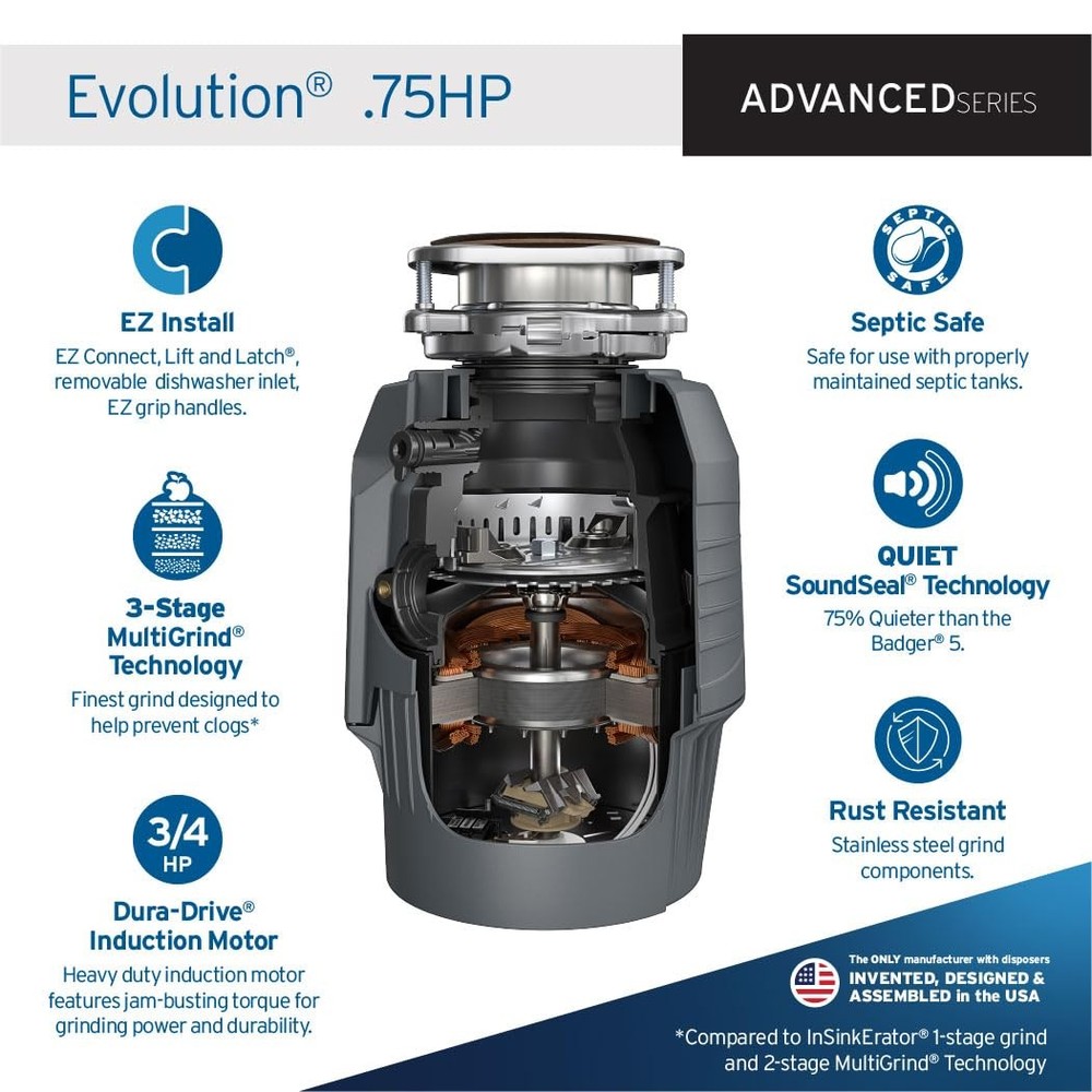 InSinkErator EVOLUTION 0.75HP 3/4 HP, Advanced Series EZ Connect Continuous F...