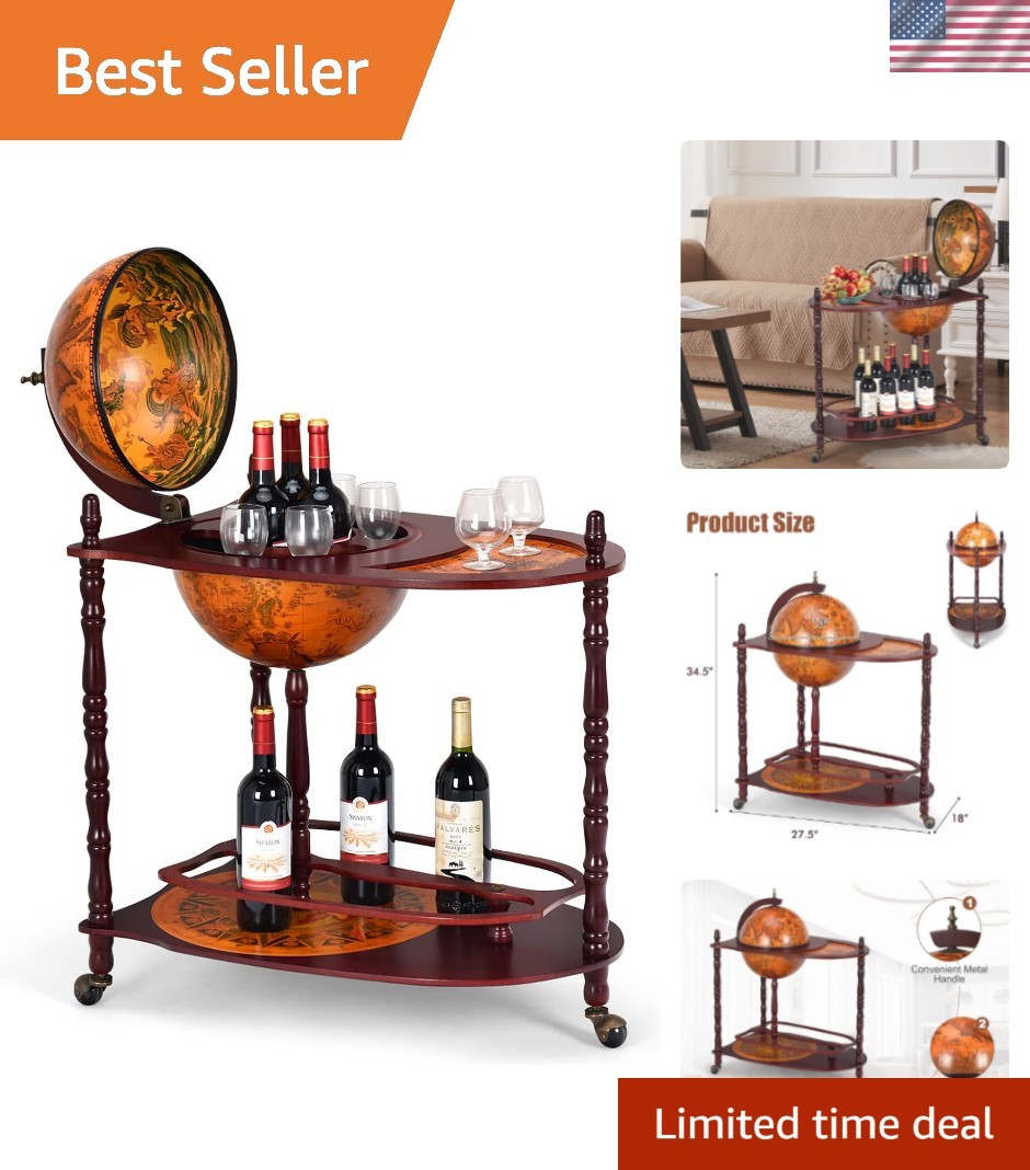 Globe Bar, 34.5” Globe Bar Liquor Cabinet with Wheels, Bottom Shelf, Old Worl...