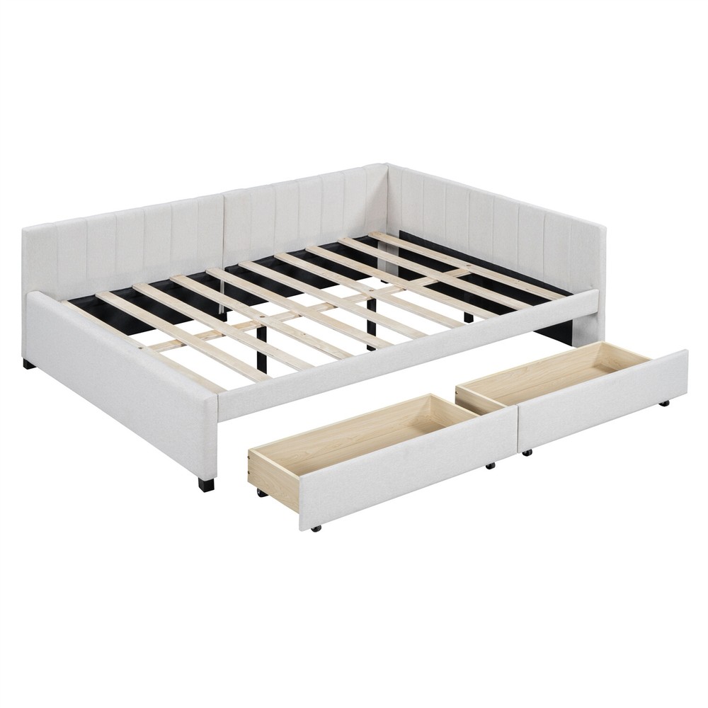 Full Size Daybed Upholstered Bed Frame Sofa Bed w/ 2 Storage Drawer Beige