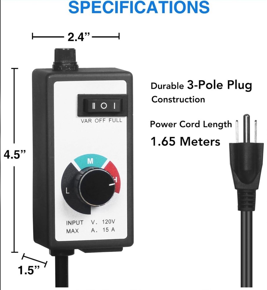 Variable Fan Speed Controller 120V 15AmpFor Exhaust / Inline Duct Fan