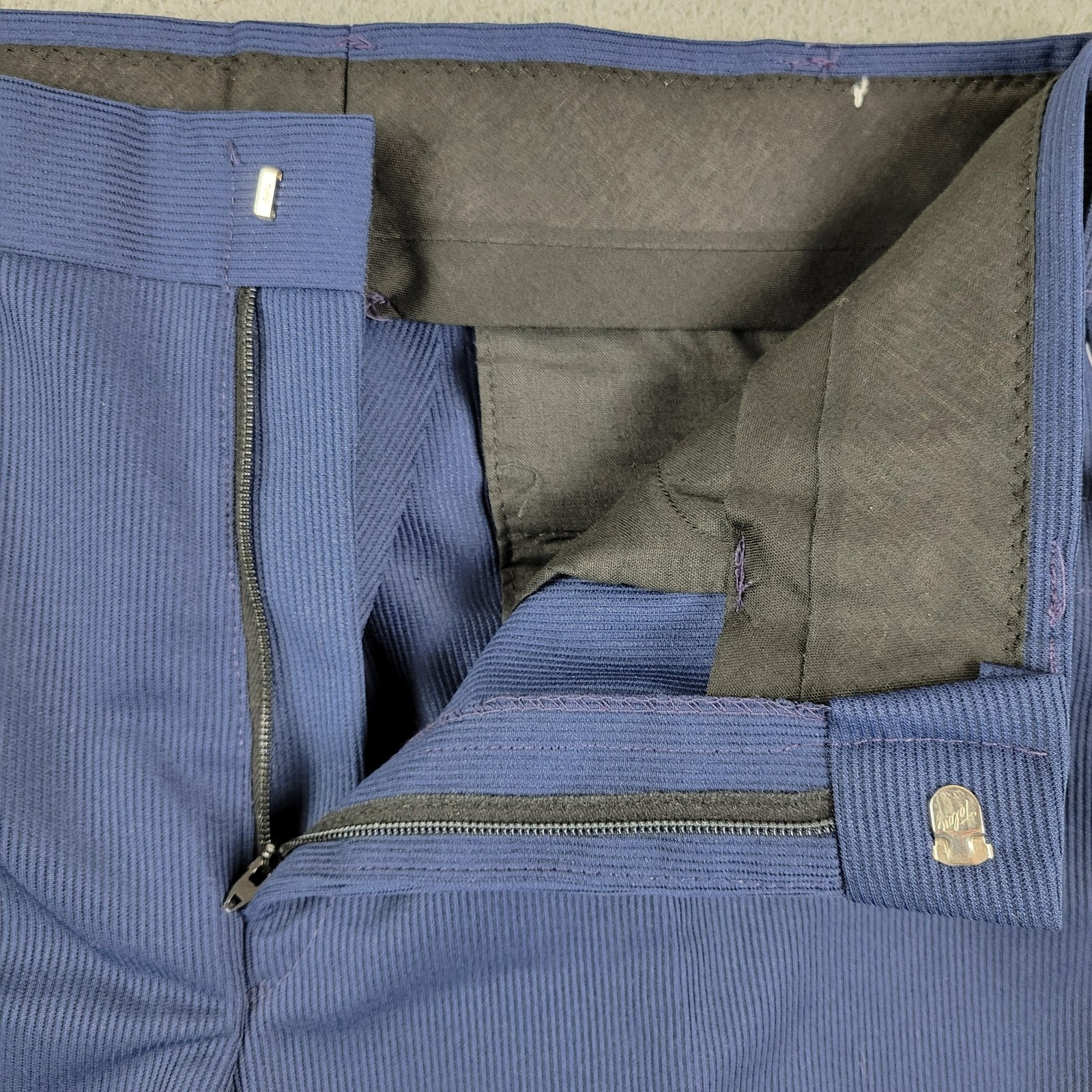 Mr Wrangler Knit Flare pants 34x30 navy blue stripe Dacron polyester 1971 USA