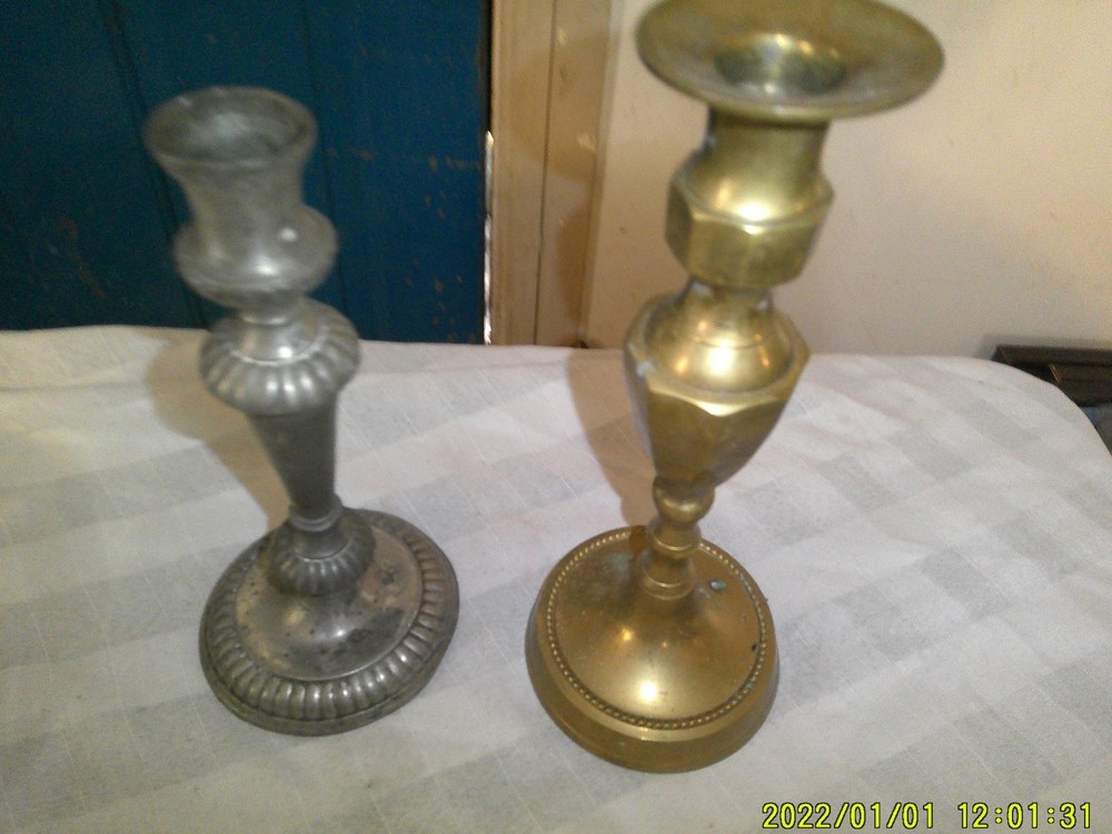 2 DIFFERENT STEM CANDLE HOLDER BRASS MAYBE PEWTER