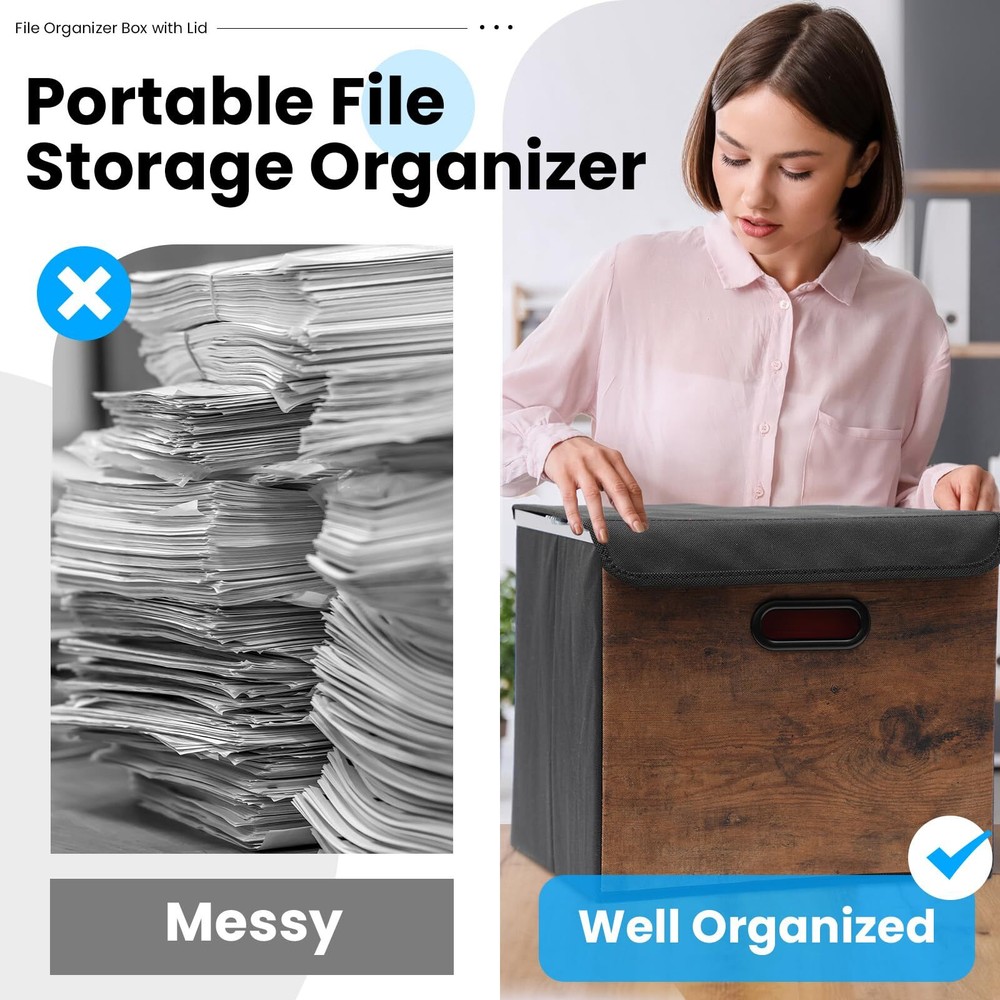 Decorative File Organizer Box with Wood Grain Pattern Portable File Folder Bo...