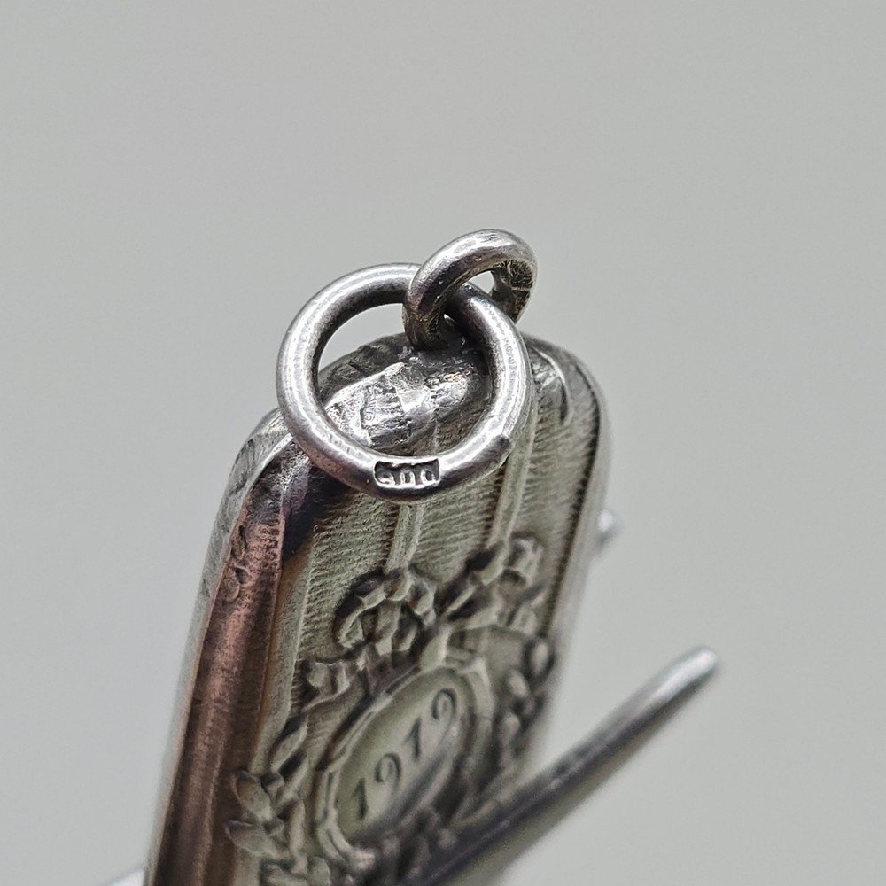 Antique Solid Silver Repousse Whistle Pendant Monogram Floral Design