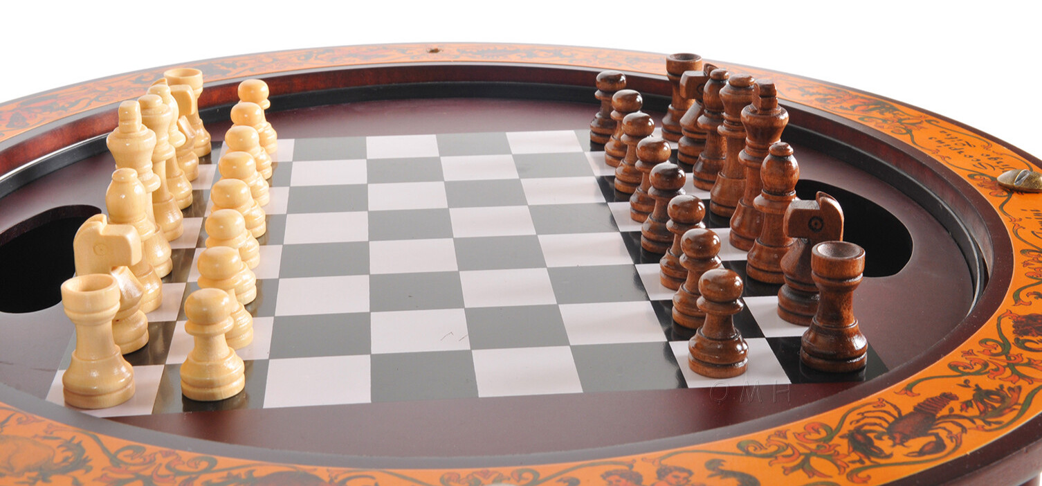 Unique Chess Board w/ Pieces Hidden in Wood Table Top Nautical Old World Globe