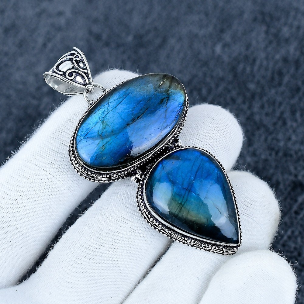 Handmade Double Labradorite 925 Sterling Silver Pendant, Boho Statement Gift