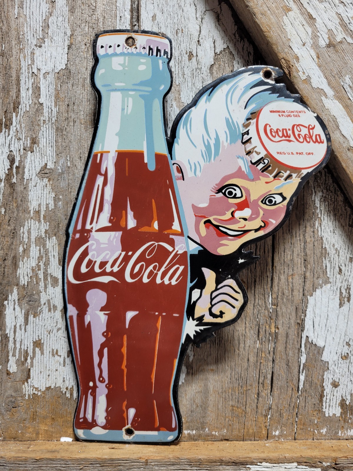 VINTAGE COCA COLA PORCELAIN SIGN BOTTLE CAP BOY SODA COKE BEVERAGE FOOD STORE